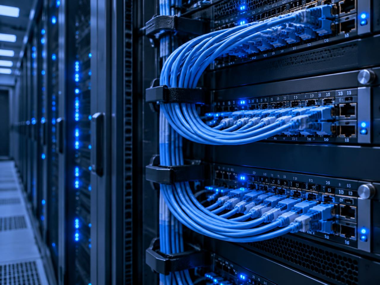 Fiber optic cabling inside a modern network facility